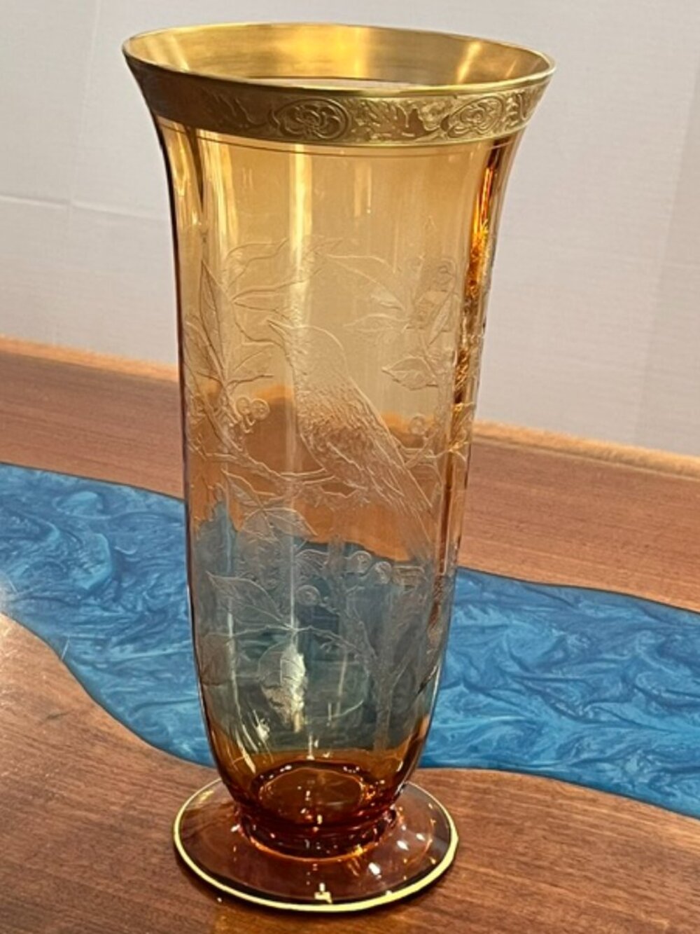 Cambridge Amber Etched Glass #717 Bird & Butterfly 13" Vase with Gold Rim